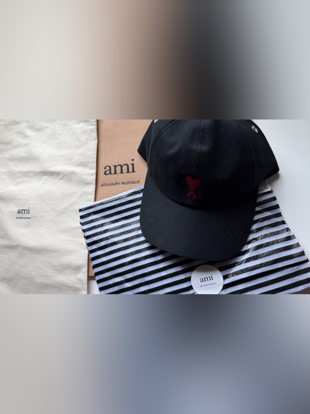 BNWOT Ami Paris Black Cap with Small Red Heart Motif women